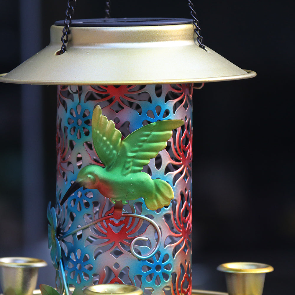 Cross border hot sale panoramic iron bird food feeder outdoor garden hanging solar bird feeder light with lights