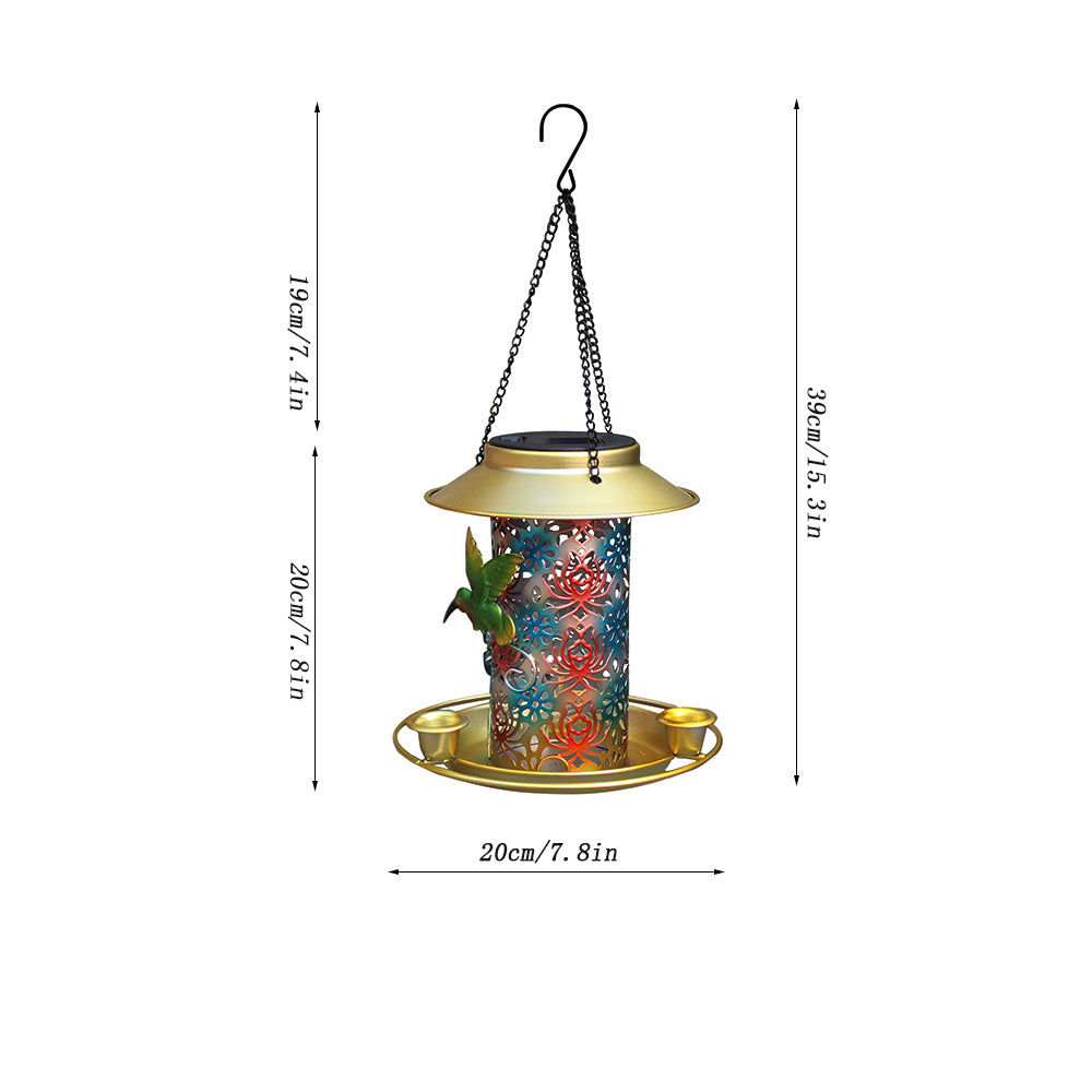 Cross border hot sale panoramic iron bird food feeder outdoor garden hanging solar bird feeder light with lights