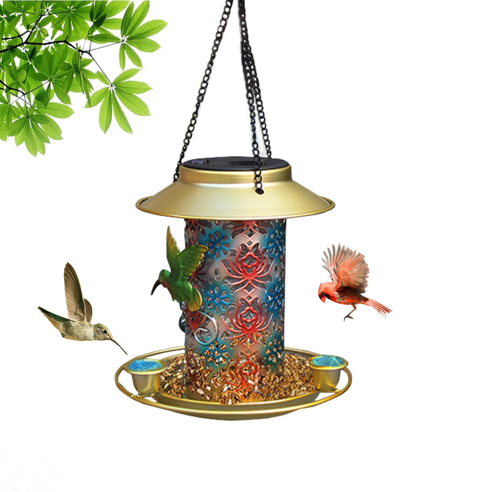 Cross border hot sale panoramic iron bird food feeder outdoor garden hanging solar bird feeder light with lights